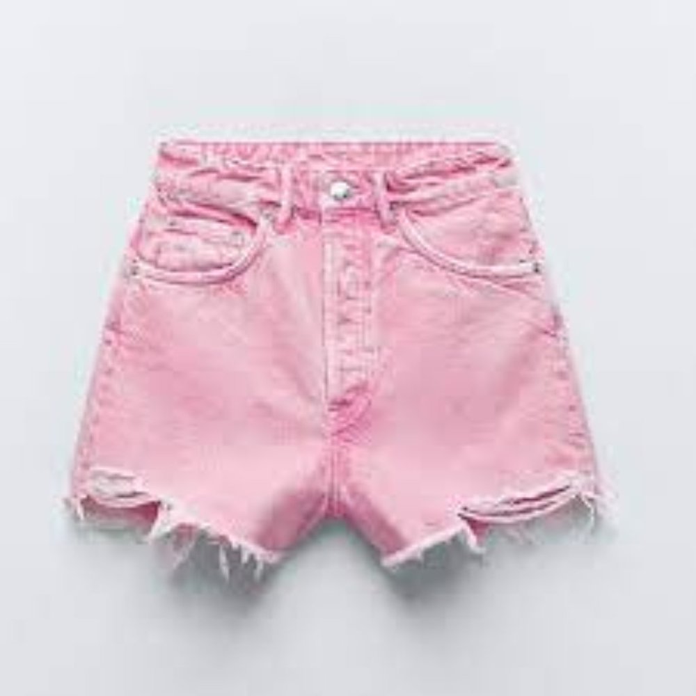 Zara Pink Frayed High Waisted Denim Shorts